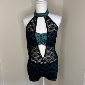Reverence Two Piece Black and Teal Lace Halter Costume. Medium